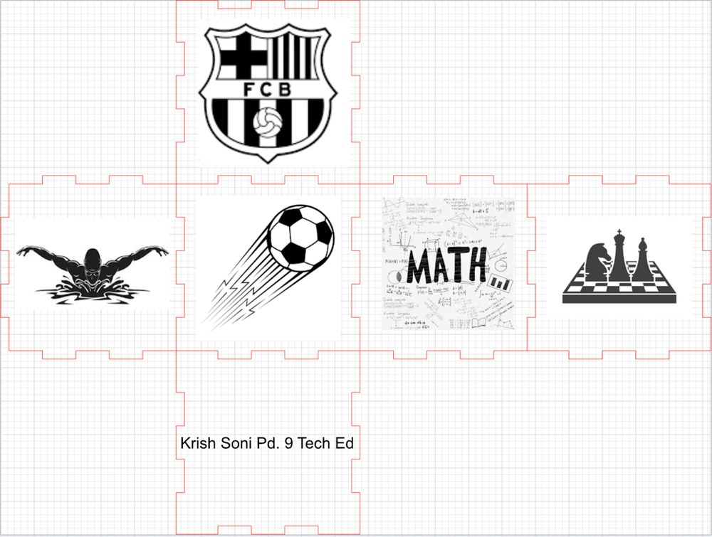 The flat Tinkercad layout of the cube, with red cut lines and artwork on each face